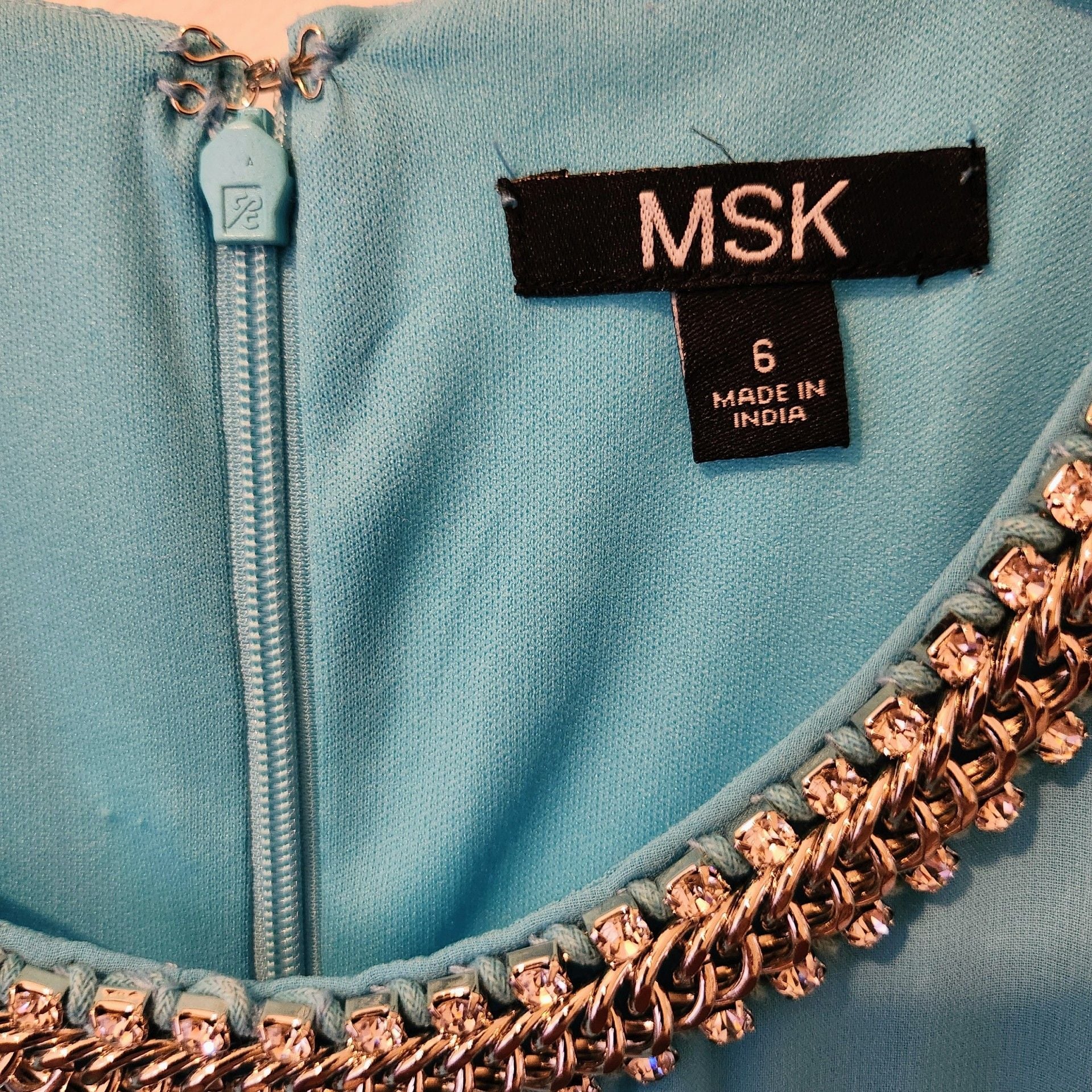 MSK Embellished Neckline Handkerchief Hem Dress Size 6 Turquoise Blue 8
