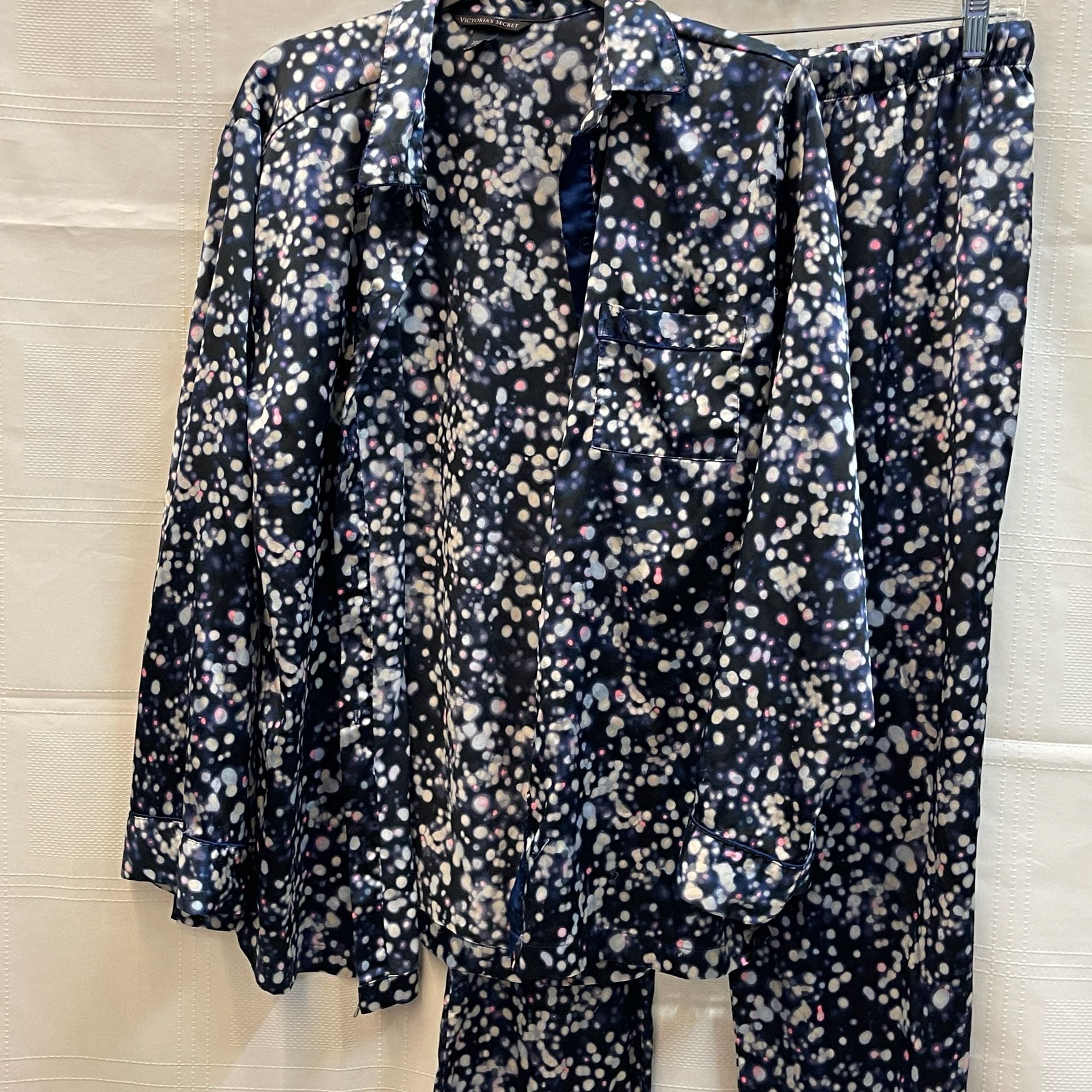 Vintage Retired Victoria's Secret Satin Notch Collar Pajama Set Size M Polka Dot Navy 2