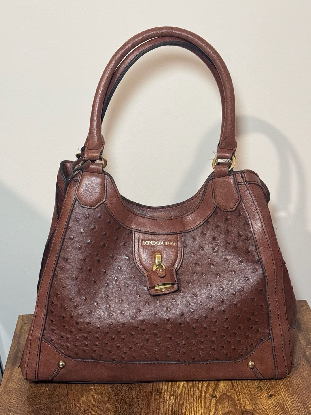 London Fog Brown Ostrich Embossed Faux Leather Satchel Shoulder Bag 2
