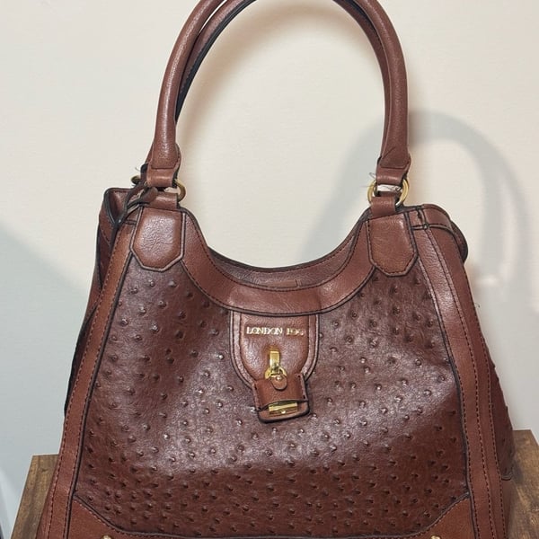 London Fog Brown Ostrich Embossed Faux Leather Satchel Shoulder Bag