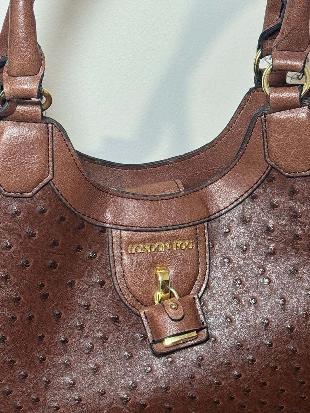 London Fog Brown Ostrich Embossed Faux Leather Satchel Shoulder Bag 3