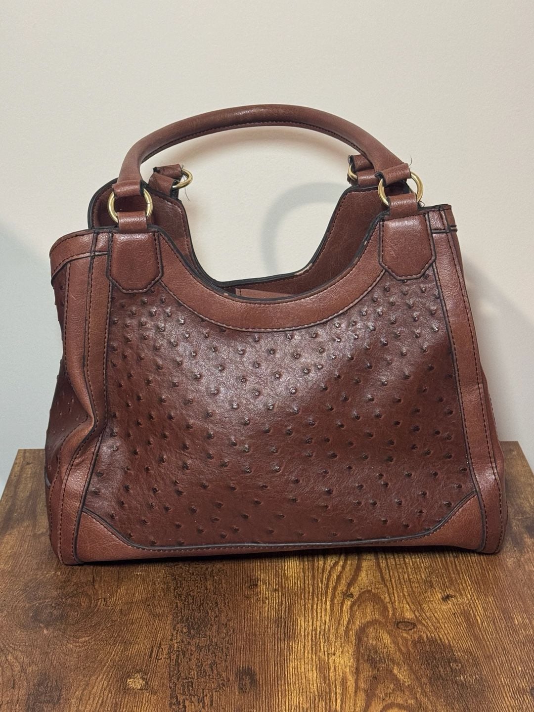 London Fog Brown Ostrich Embossed Faux Leather Satchel Shoulder Bag 4