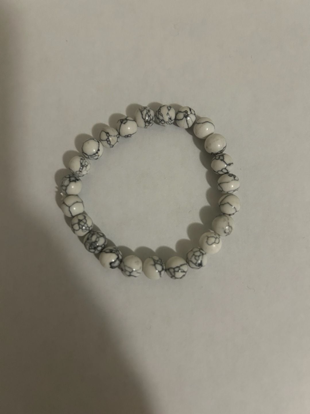 Natural Stone White Howlite Beaded Stretch Bracelet White Black 6
