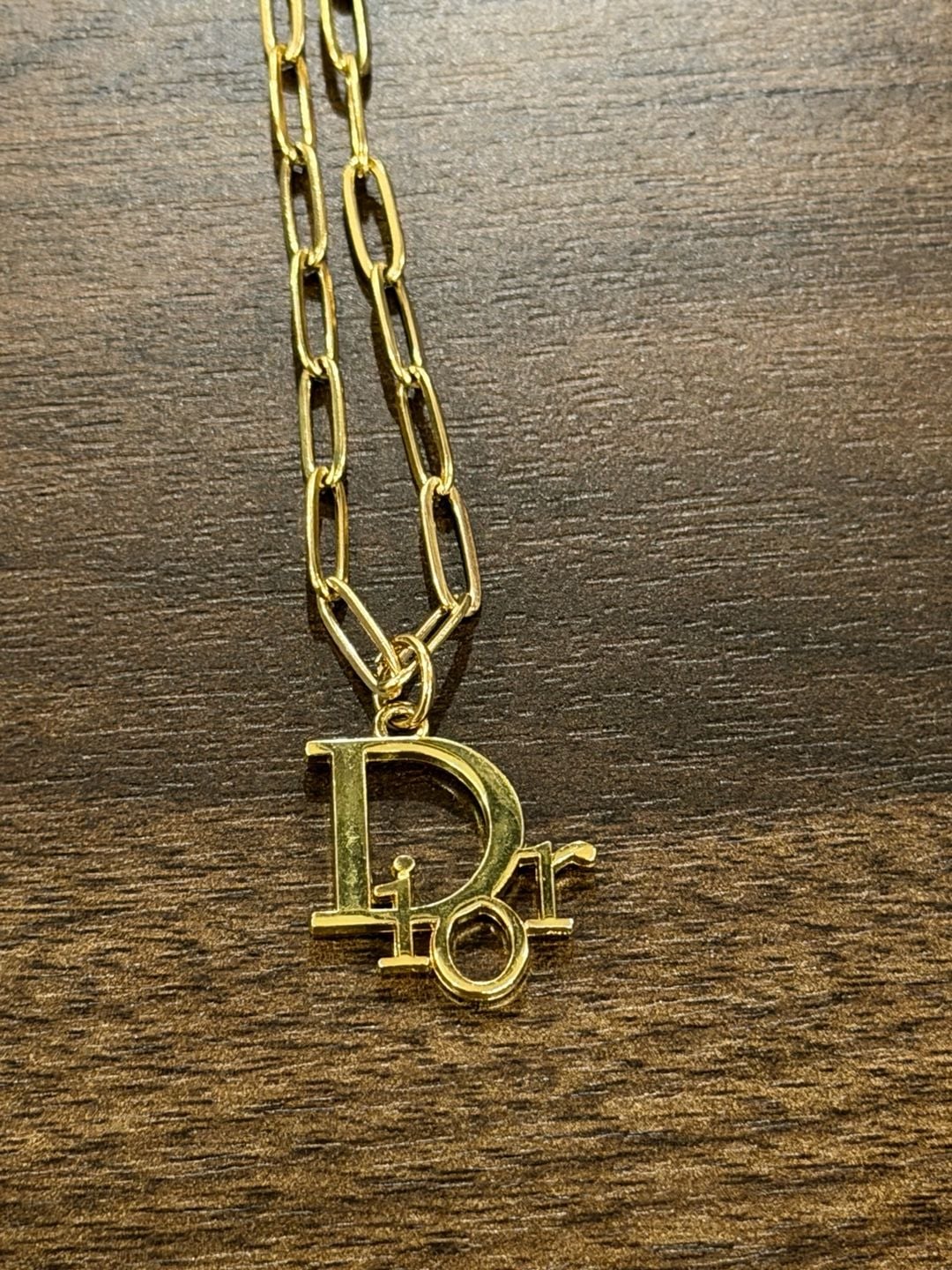 Christian Dior Gold Tone Paperclip Chain Logo Pendant Necklace 4