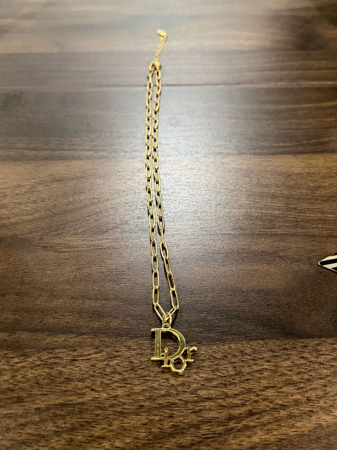 Christian Dior Gold Tone Paperclip Chain Logo Pendant Necklace 6