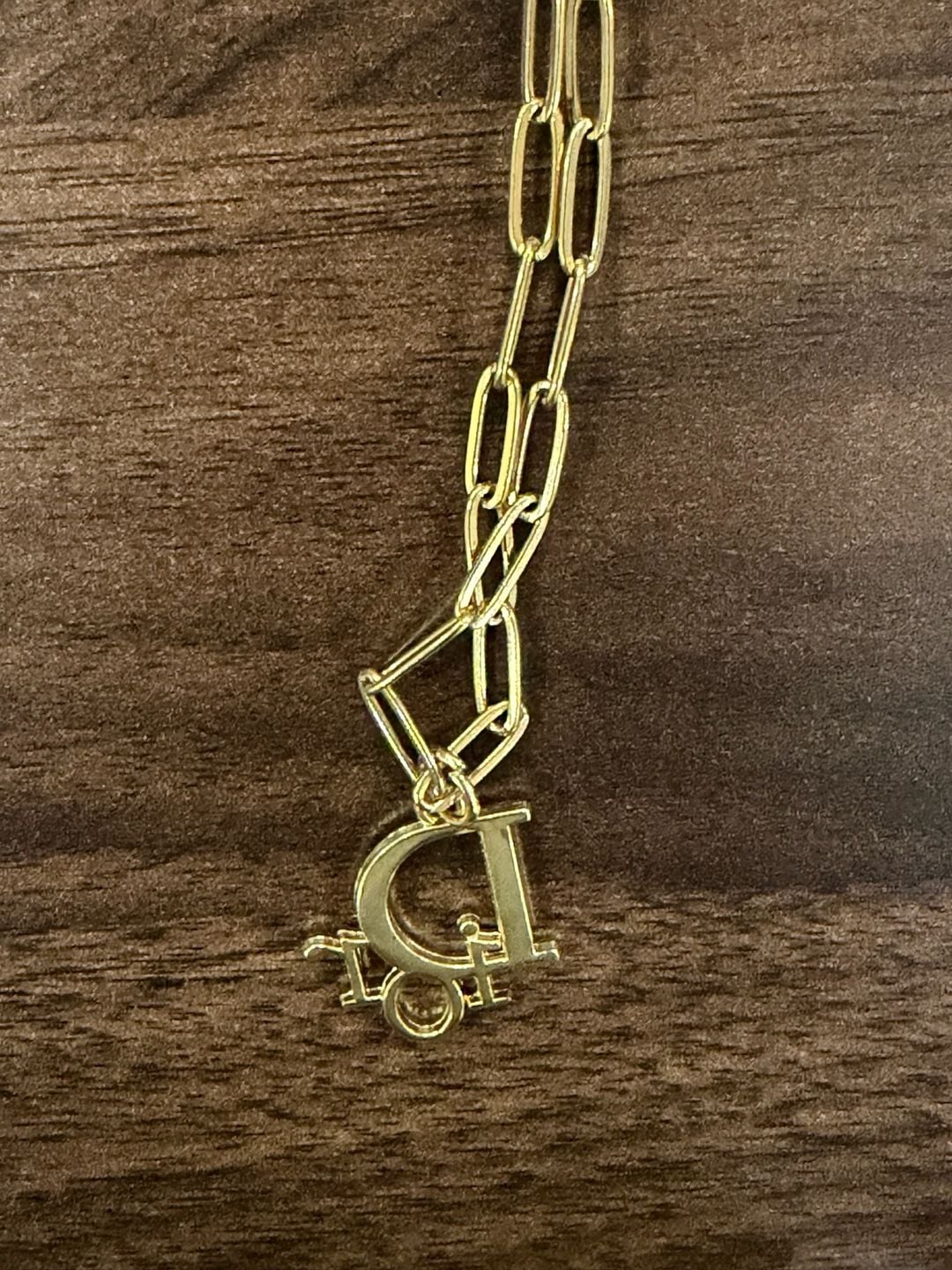 Christian Dior Gold Tone Paperclip Chain Logo Pendant Necklace 8