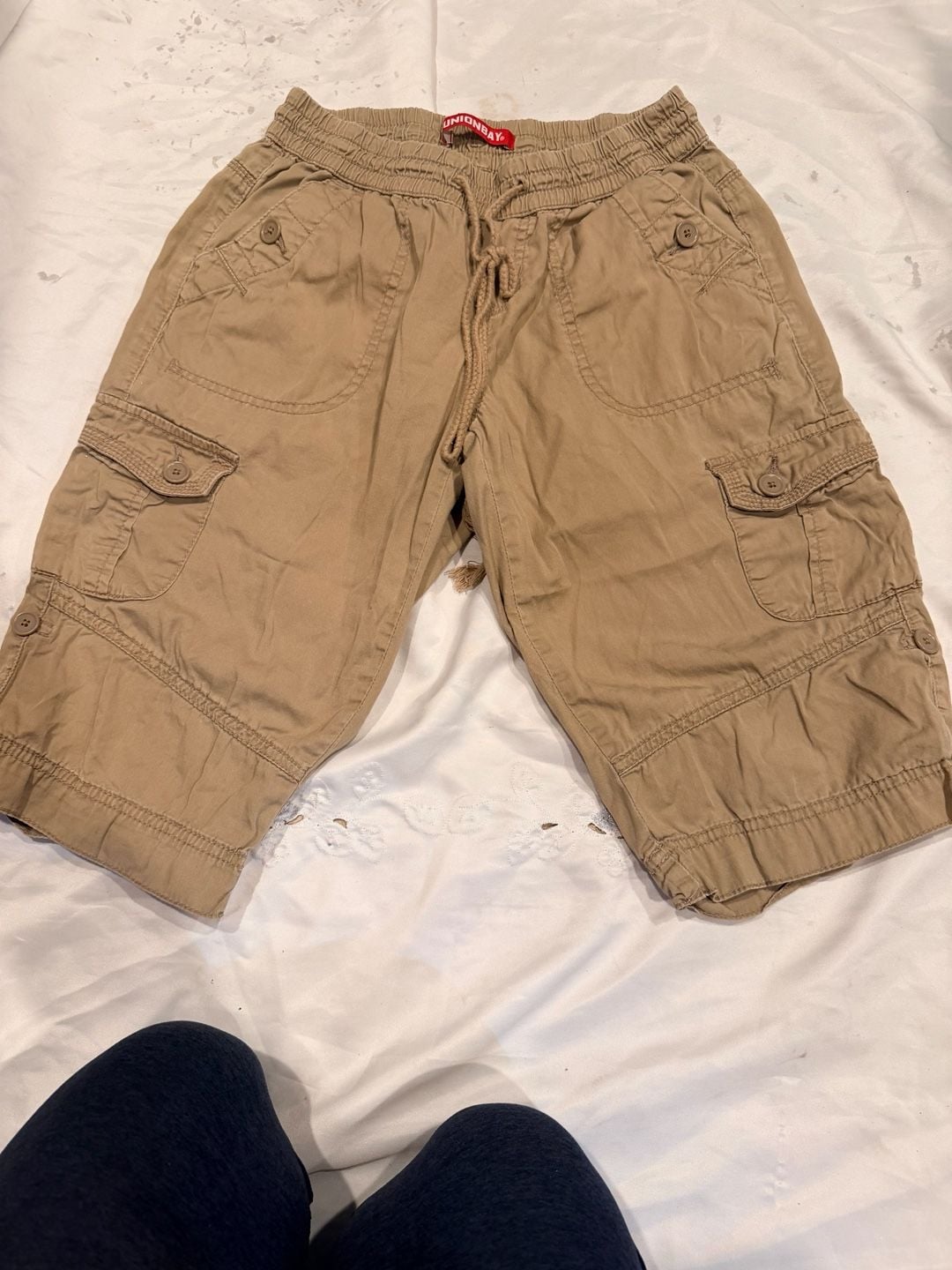 Unionbay Cargo Shorts Tan Khaki Drawstring Waist 3/4 Length 2