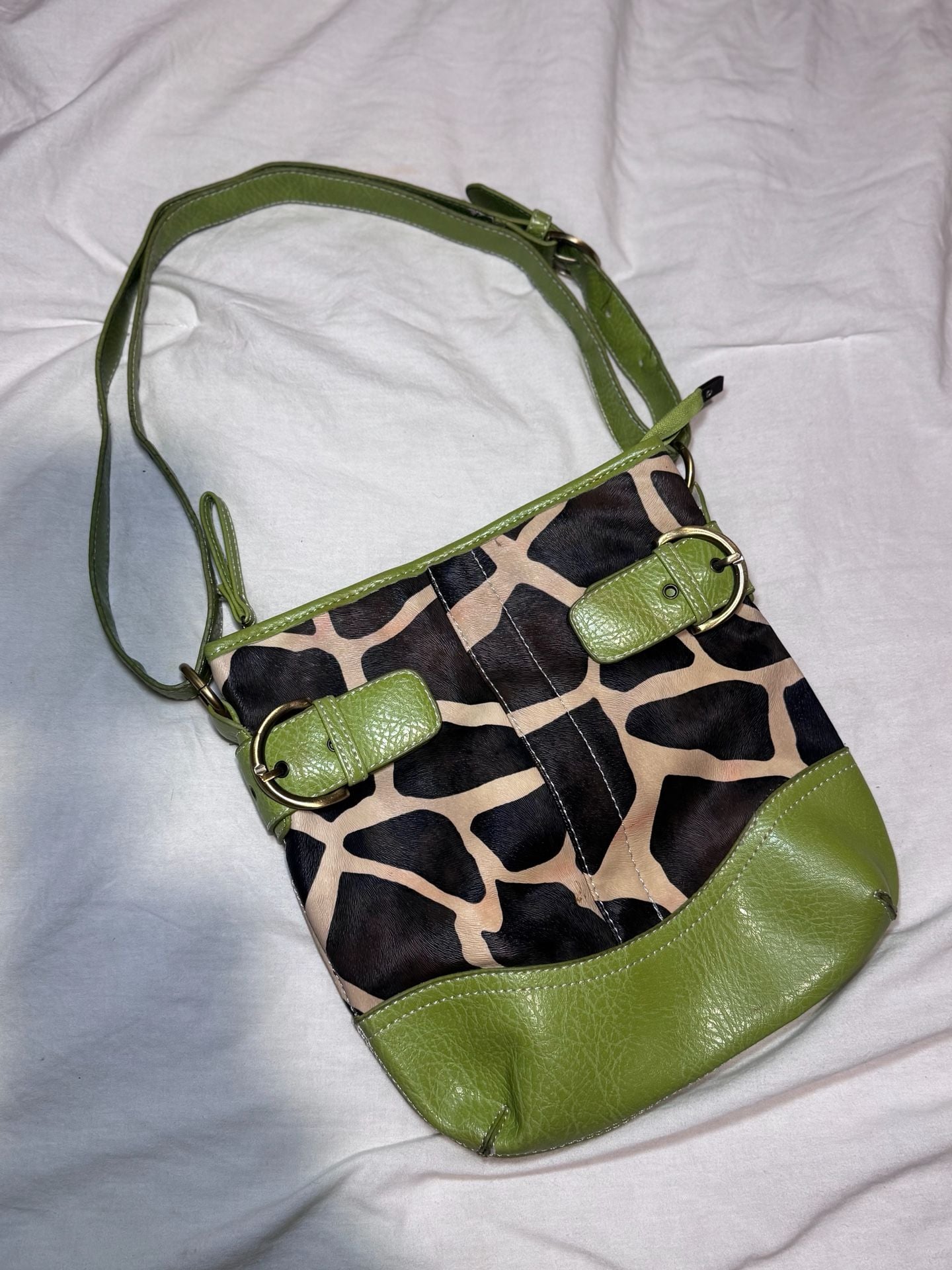 Vintage Giraffe Print Faux Leather Shoulder Bag Lime Green Trim 2