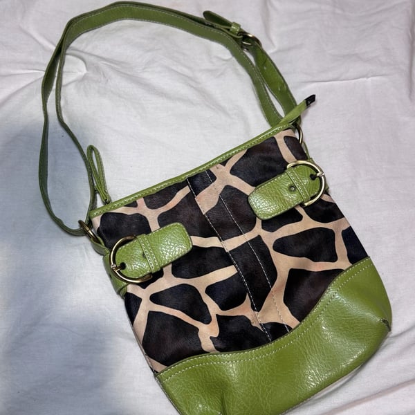 Vintage Giraffe Print Faux Leather Shoulder Bag Lime Green Trim