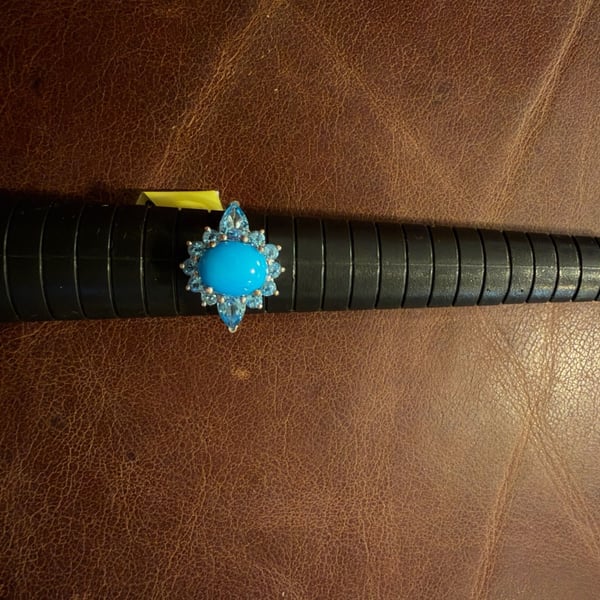 Turquoise and Blue Topaz Halo Cocktail Ring Size 9.25