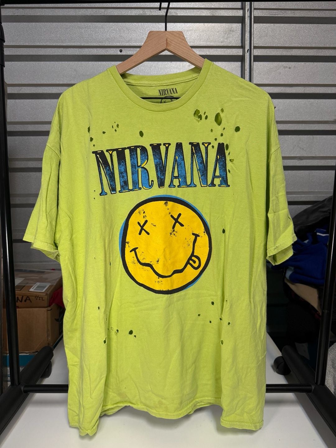 Thrashed Nirvana Smiley Face T-Shirt Size 2X Lime Green Graphic Tee 2