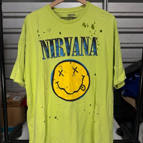 Thrashed Nirvana Smiley Face T-Shirt Size 2X Lime Green Graphic Tee
