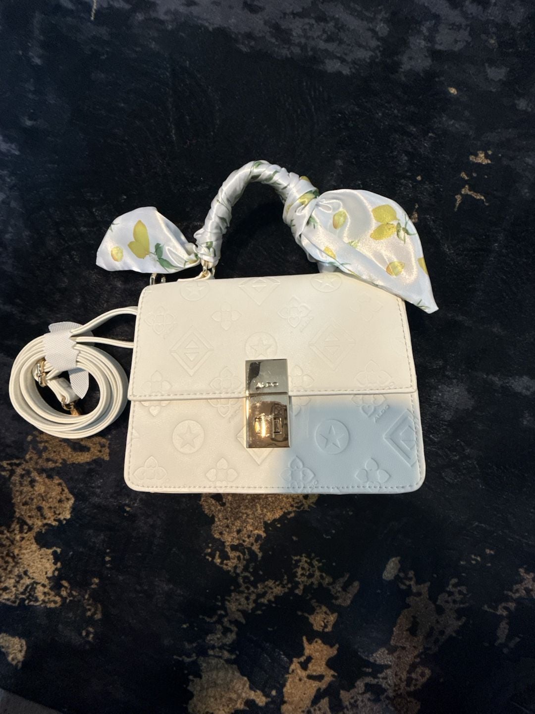 Aldo Callunaax Satchel Handbag White Embossed Crossbody With Scarf 3