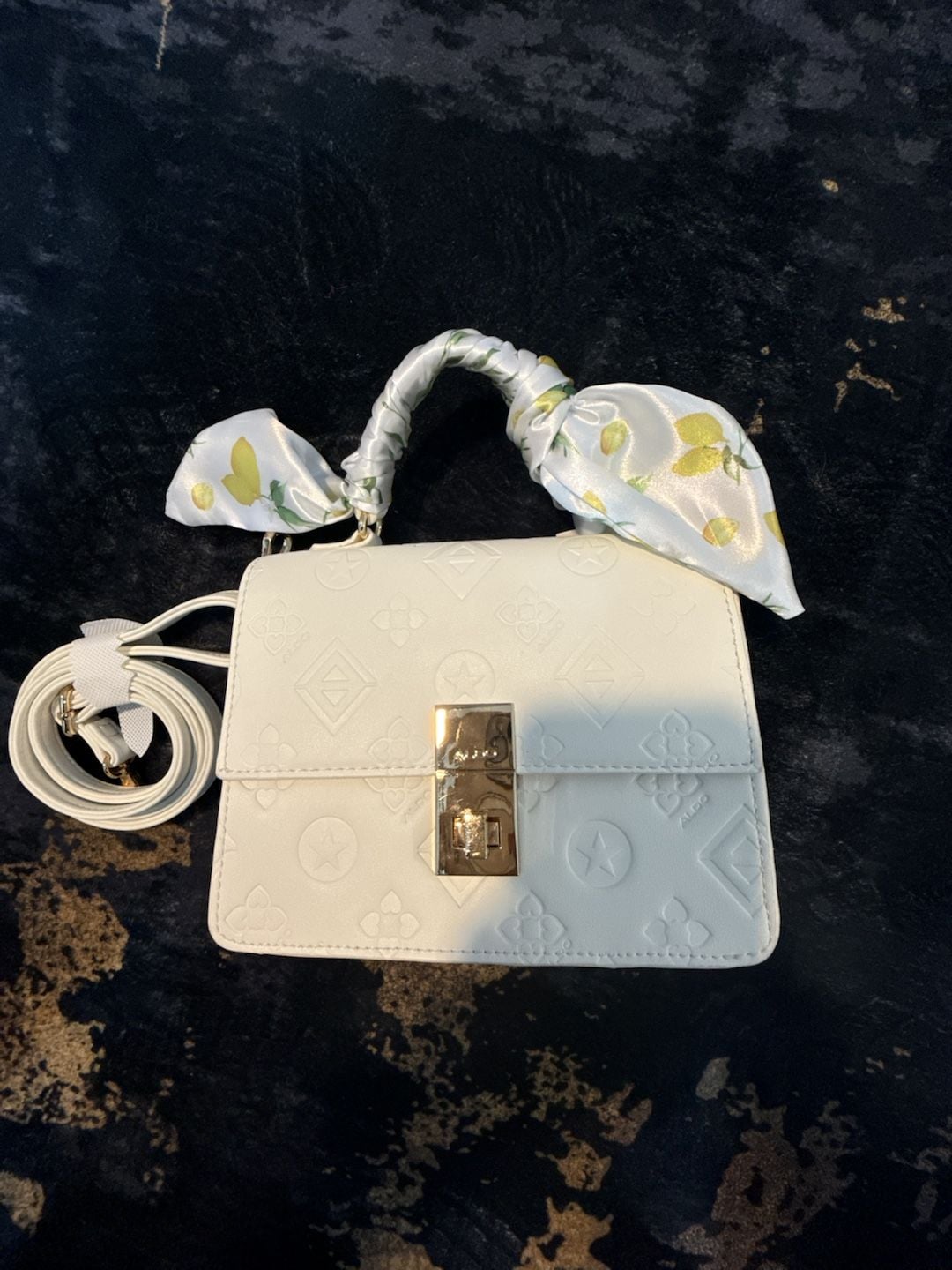 Aldo Callunaax Satchel Handbag White Embossed Crossbody With Scarf 4
