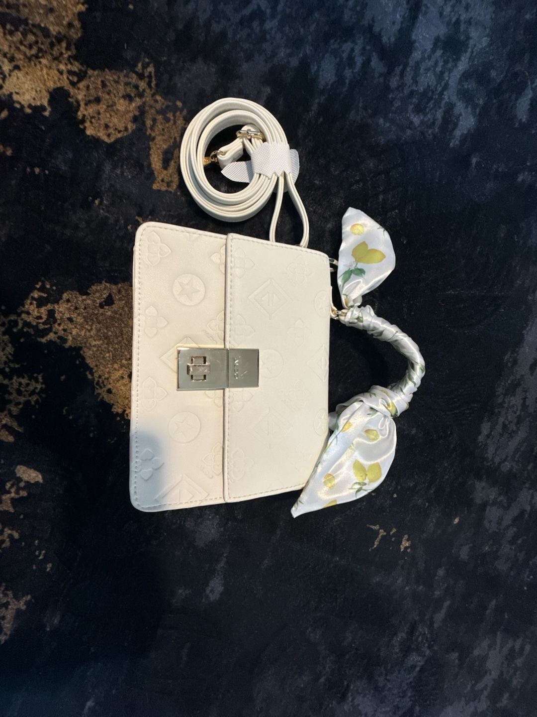 Aldo Callunaax Satchel Handbag White Embossed Crossbody With Scarf 5
