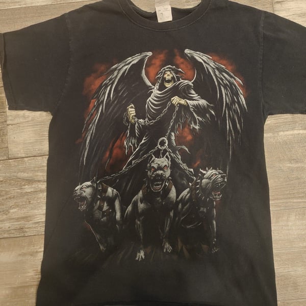 Vintage Y2k T Shirt Grim Reaper With Hell Hounds Size Small Pit To Pit 19in