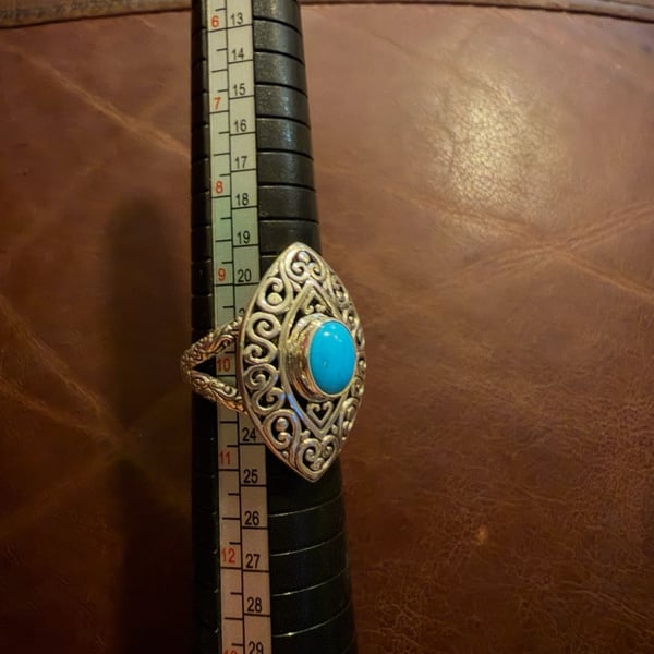 Bali Sterling Silver Turquoise Ornate Ring Size 10