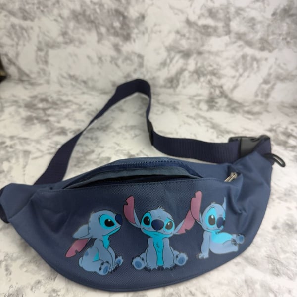 Disney Stitch Sitting Trio Fanny Pack Blue Navy Canvas Waist Bag