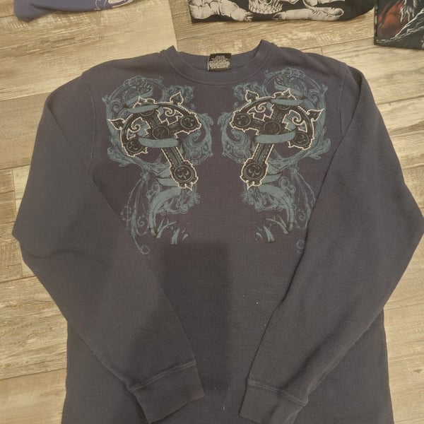 MMA Elite Shirt Men's XL Blue Waffle Thermal Long Sleeve Crosses Ribbons
