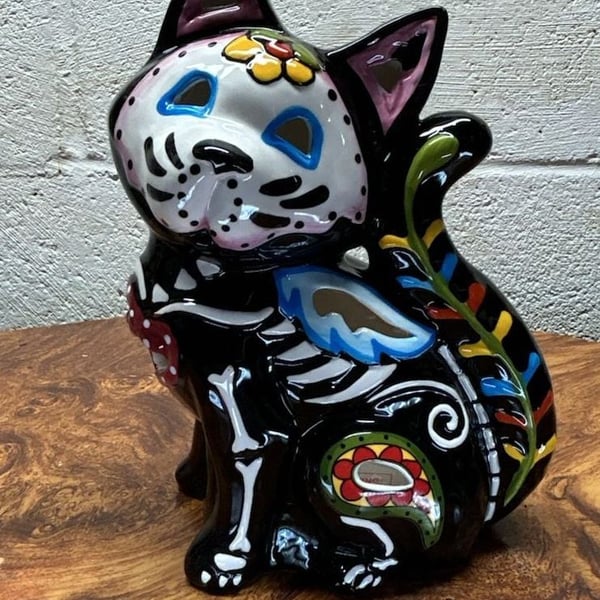 Blue Sky Clayworks Day of The Dead Cat Tealight Candle Holder
