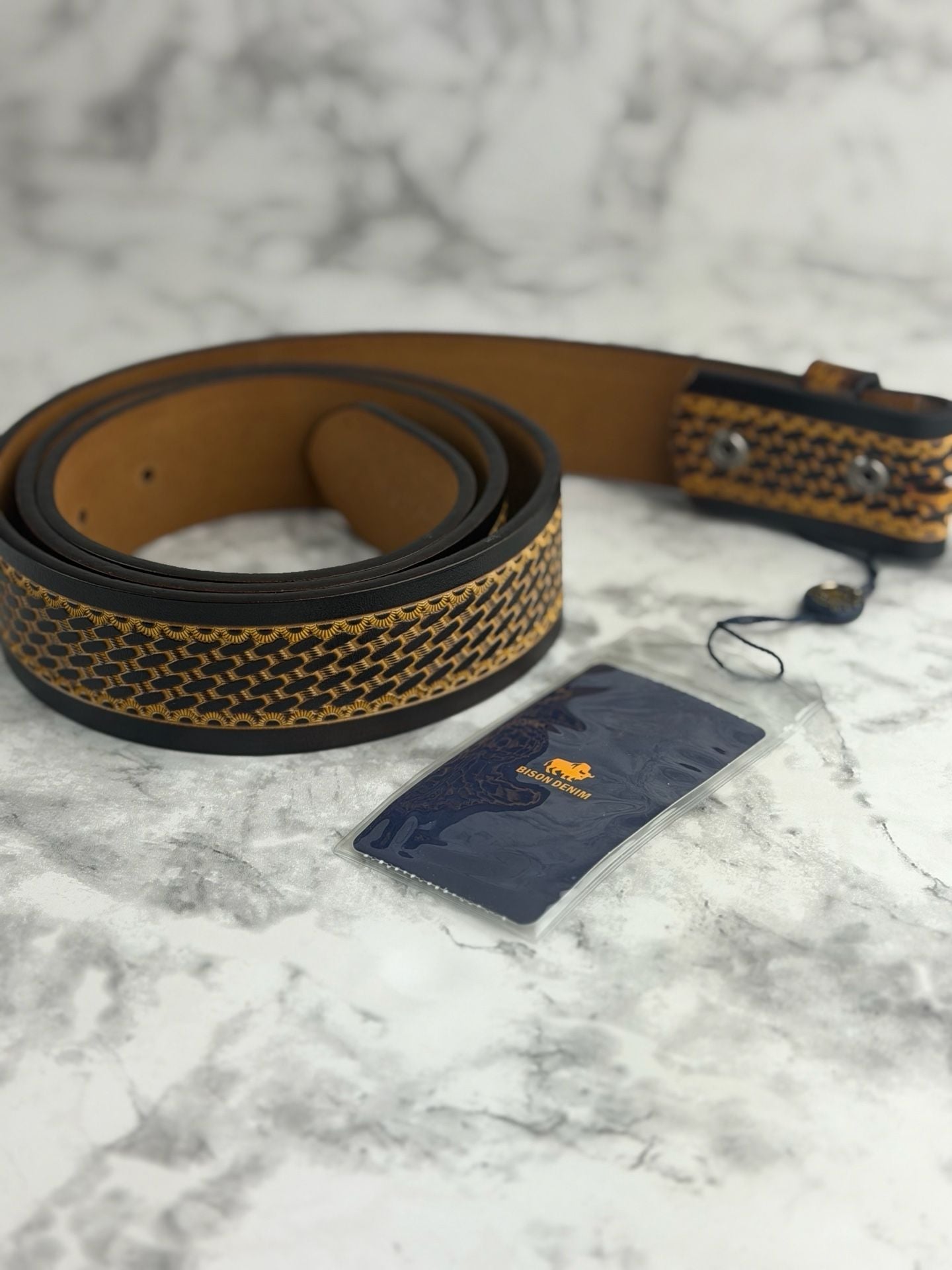 Bison Denim Leather Belt DS052-1ZM-120 Coffee Split Leather 38mm 1