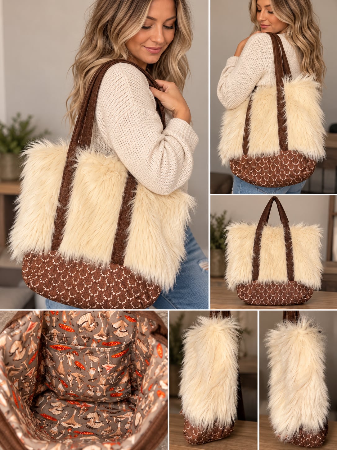 Handmade Faux Fur and Antler Print Tote Bag Mushroom Lining 2