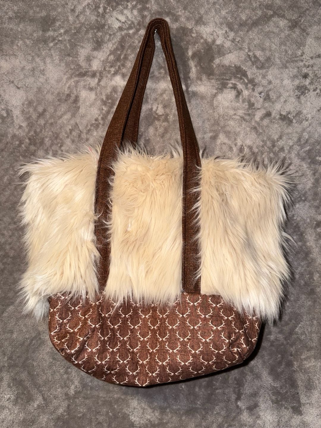 Handmade Faux Fur and Antler Print Tote Bag Mushroom Lining 3