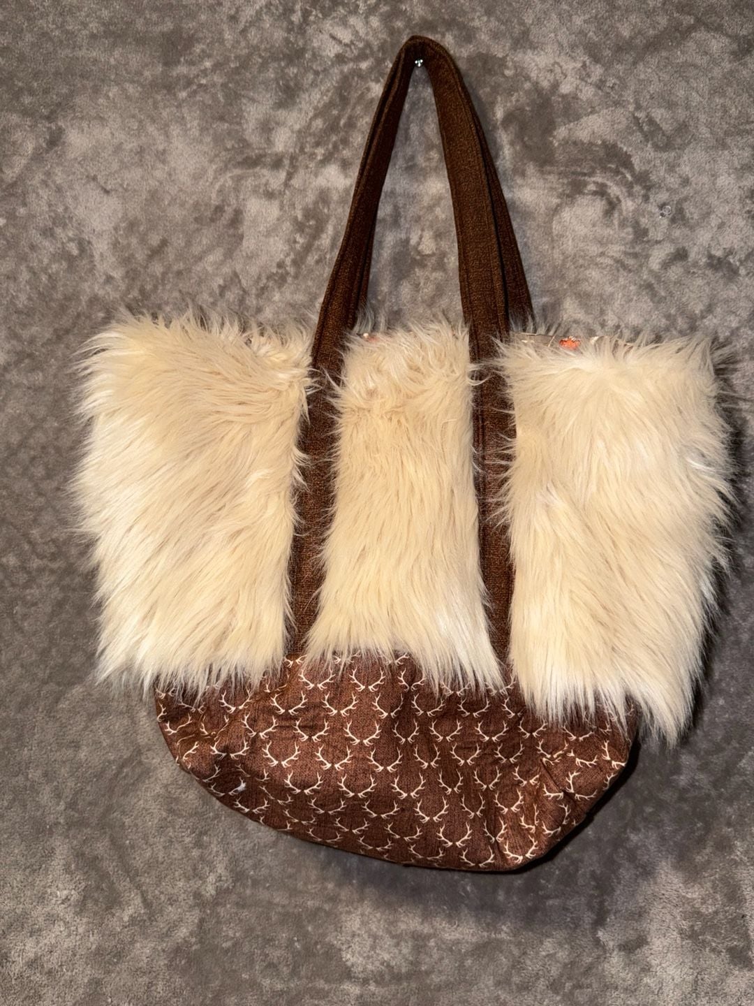 Handmade Faux Fur and Antler Print Tote Bag Mushroom Lining 6