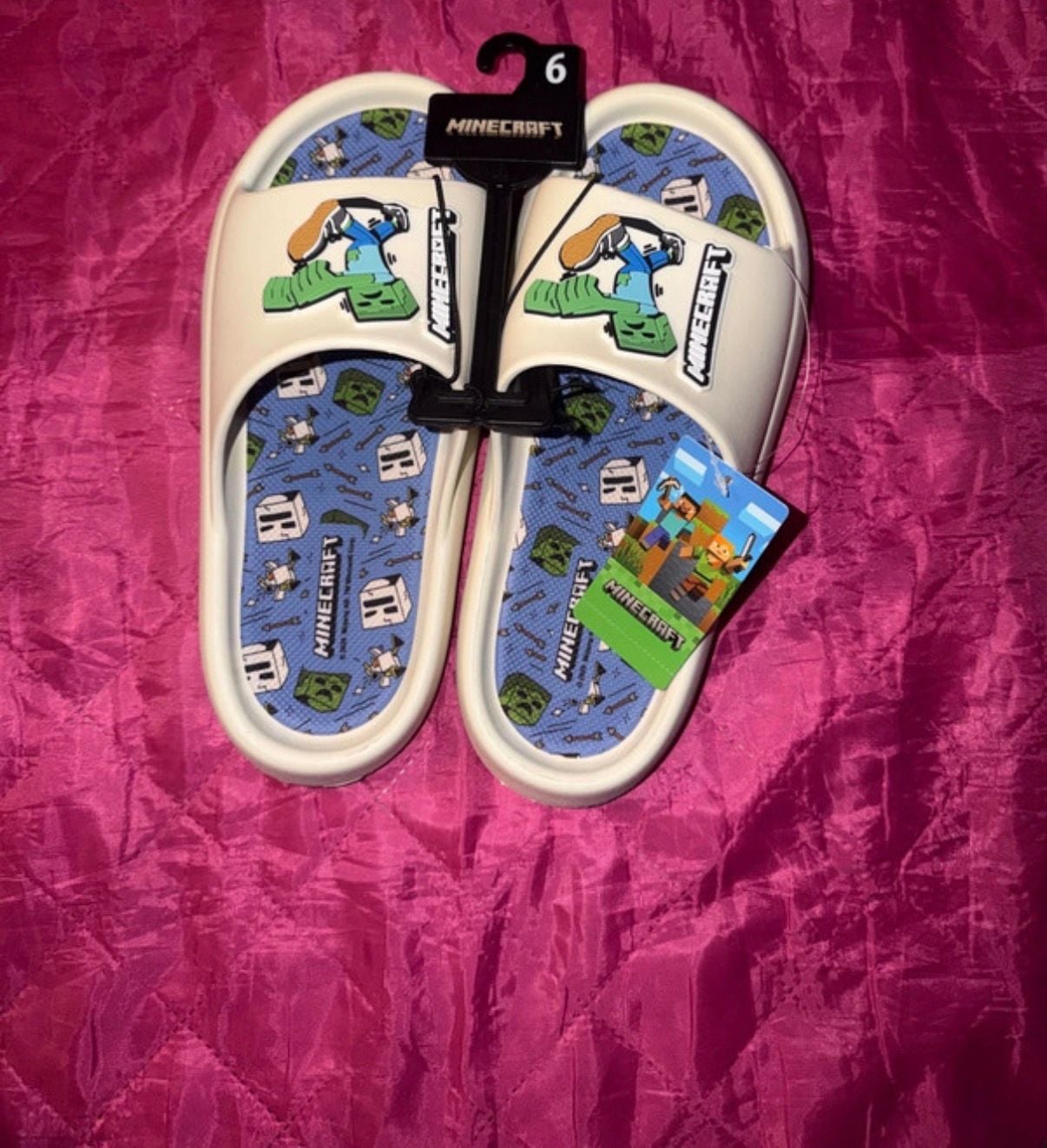Minecraft Slide Sandals Size 6 White Creeper Kids Shoes 2
