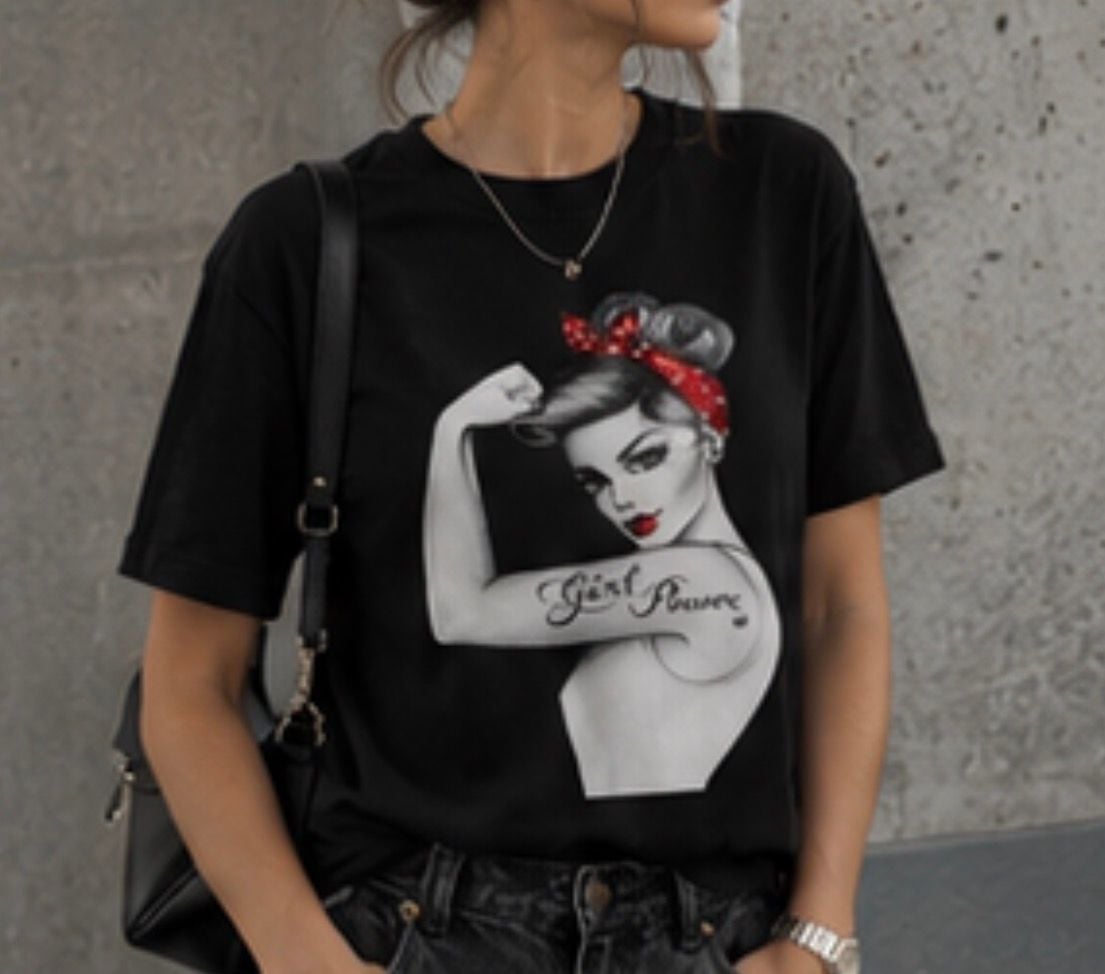 Girl Power Pinup Retro Vintage Black T-Shirt 2