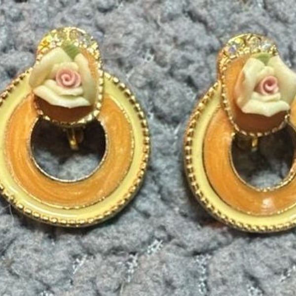 Vintage Gold Tone Clip Earrings With Porcelain Rose Accent