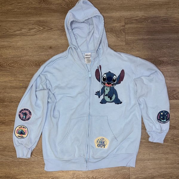 Disney Stitch Zip-Up Hoodie Size L Light Blue Embroidered Patches