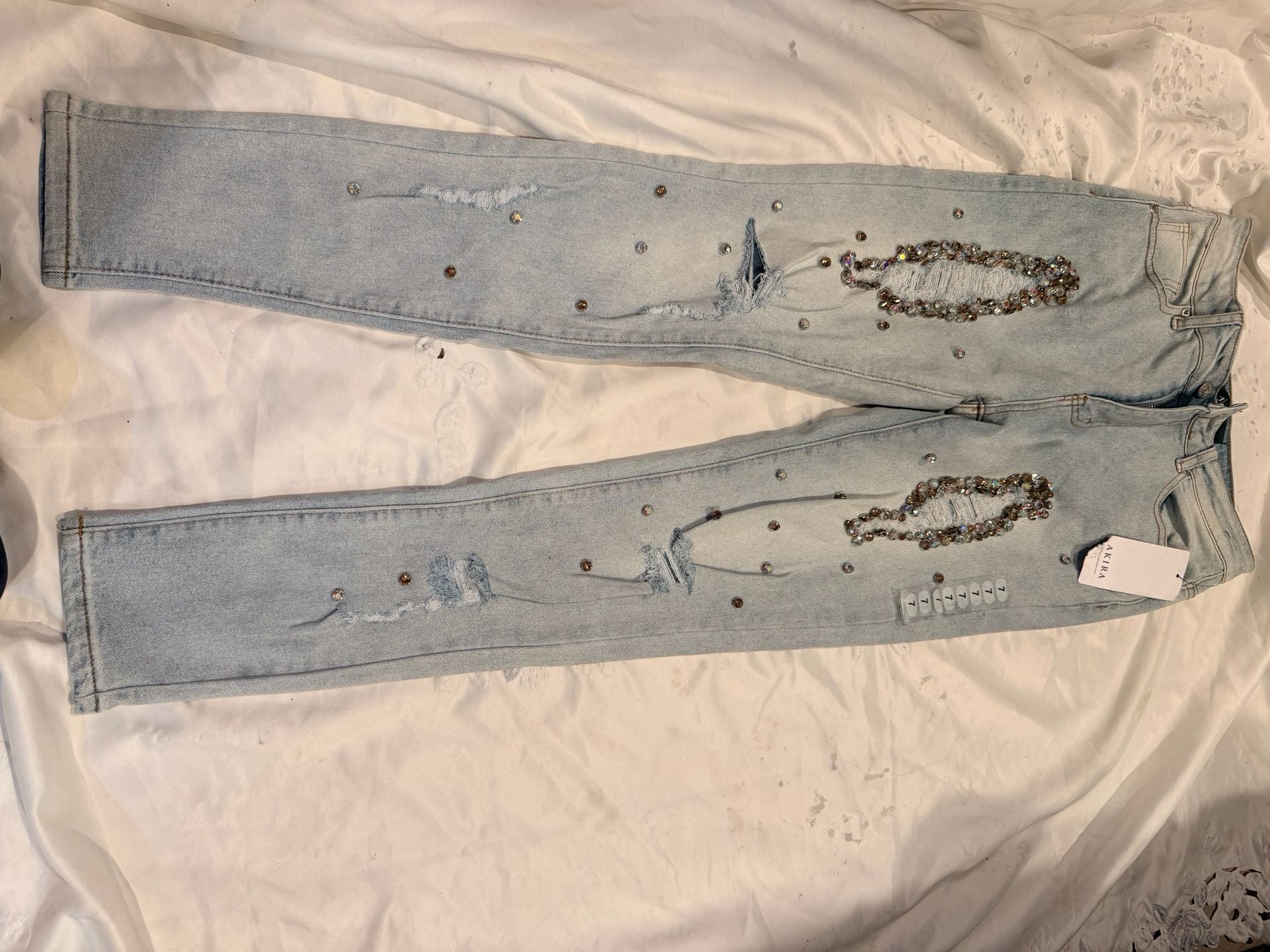 Akira Light Blue Rhinestone Embellished Distressed Skinny Jeans Size 7 2