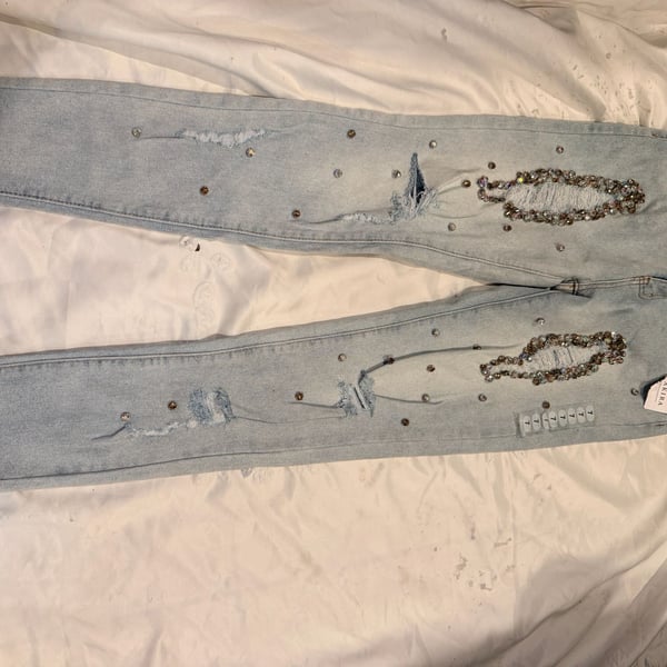 Akira Light Blue Rhinestone Embellished Distressed Skinny Jeans Size 7