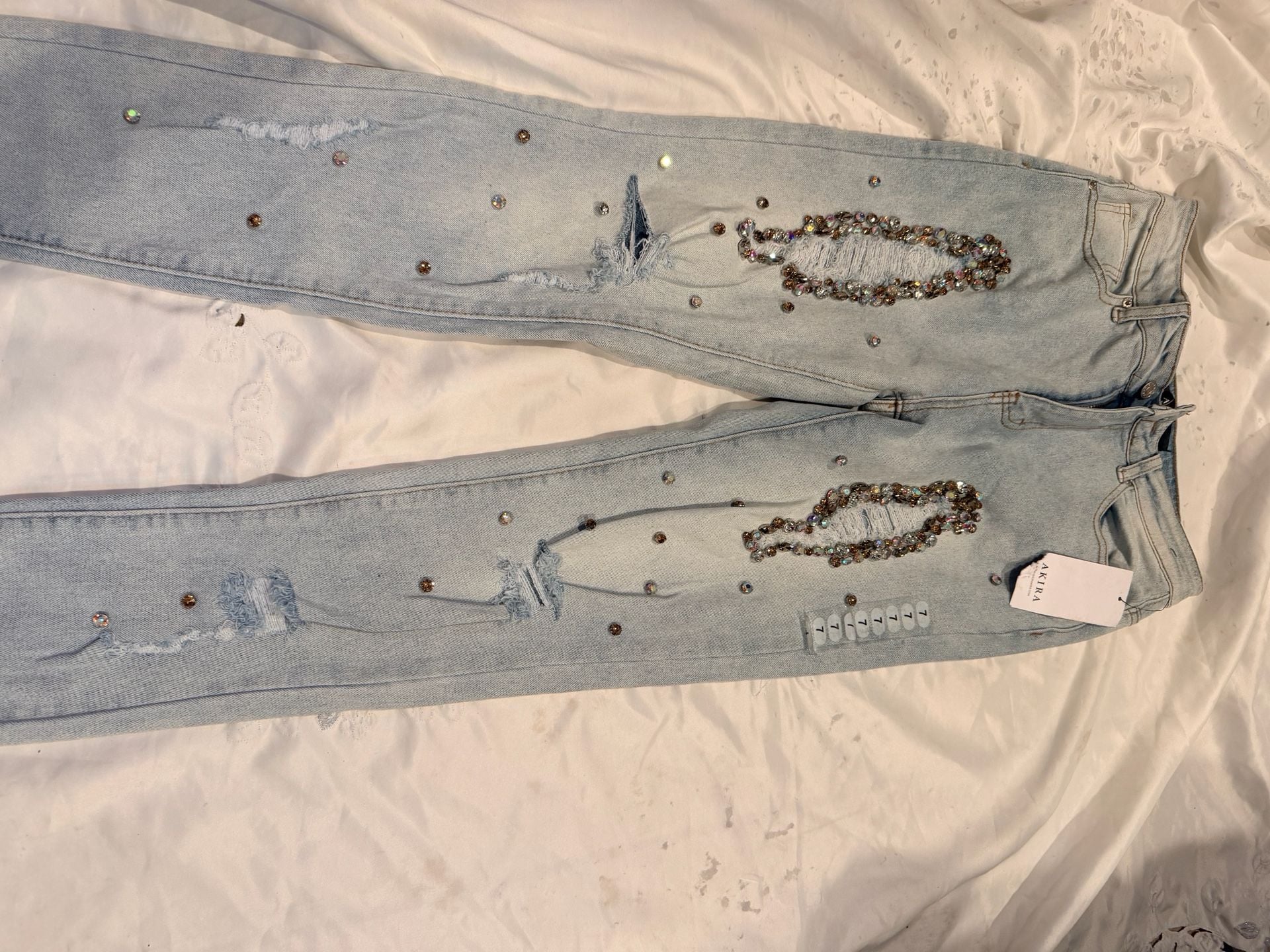 Akira Light Blue Rhinestone Embellished Distressed Skinny Jeans Size 7 3
