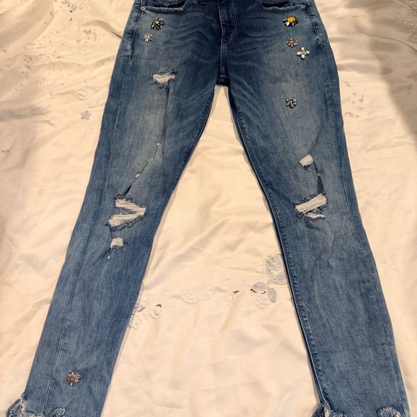 Express Beaded and Raw Edge Cropped Jeans