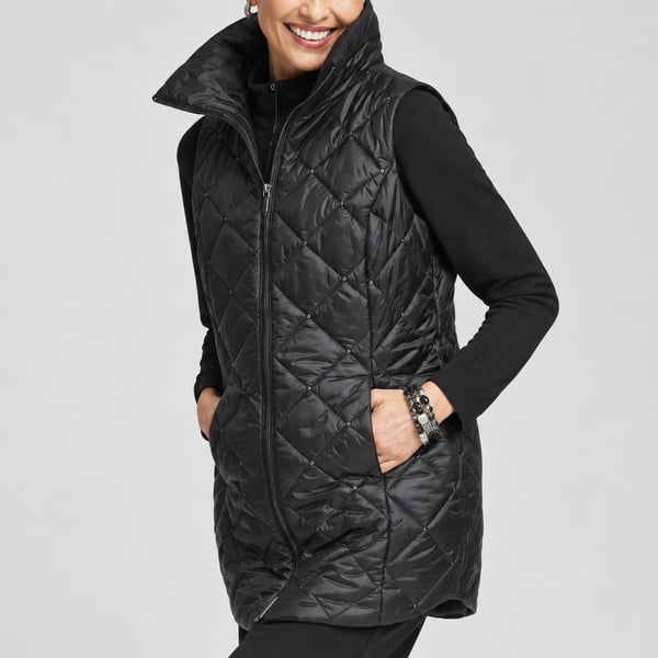 Chico's Zenergy Embellished Puffer Vest Size 8 Black Quilted Thinsulate