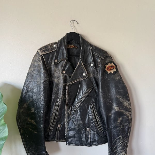 Vintage Motorcycle Leather Jacket Distressed Black Biker