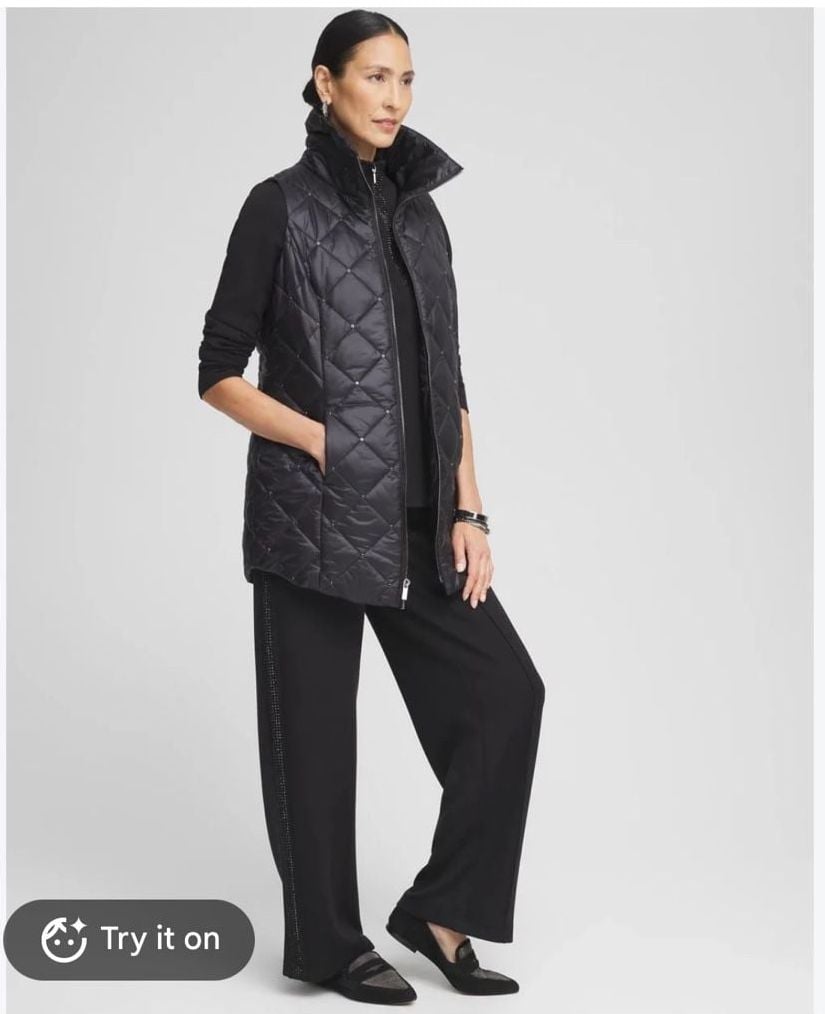 Chico's Zenergy Embellished Puffer Vest Size 8 Black Quilted Thinsulate 3