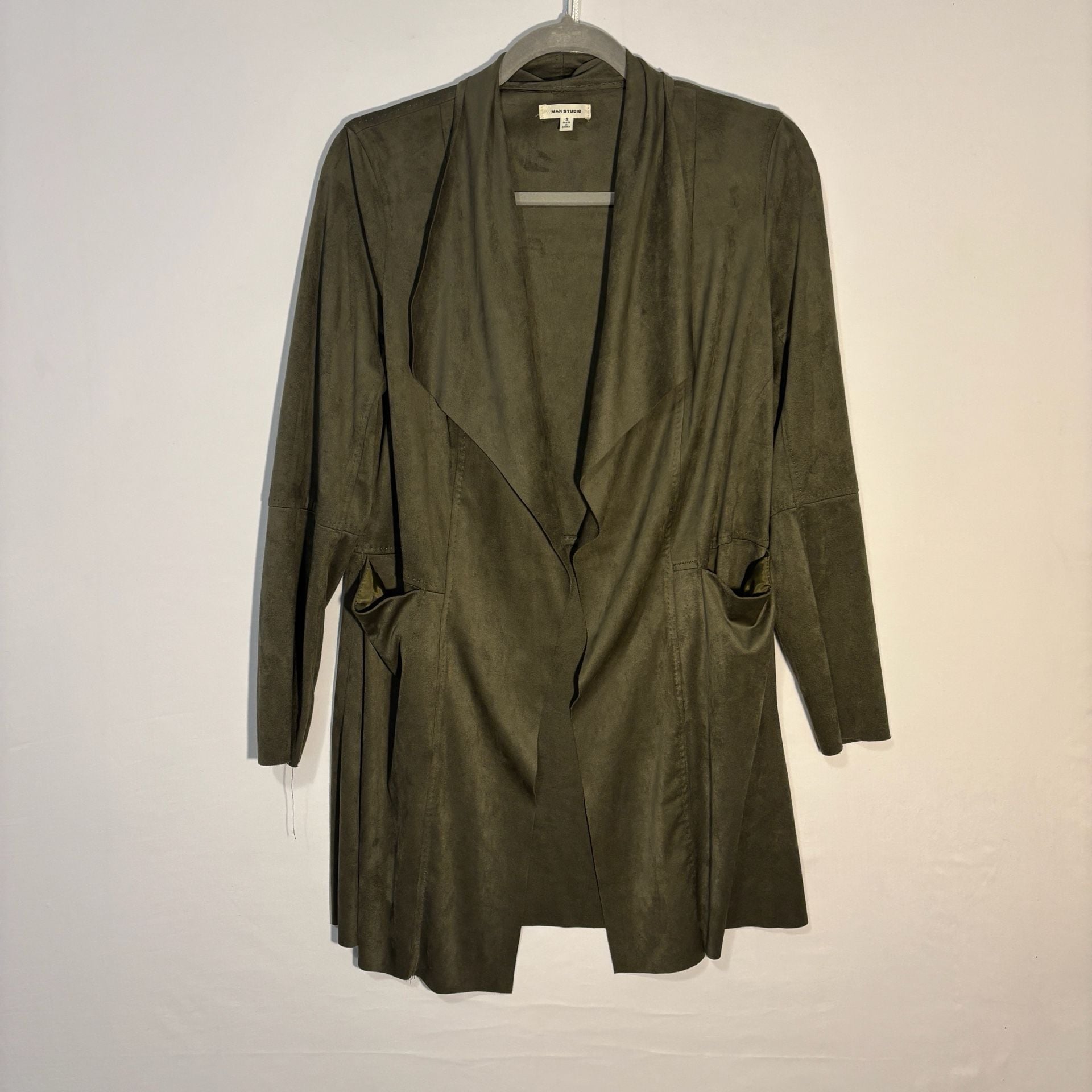 Max Studio Open Front Jacket Size S Olive Green Faux Suede Draped Topper 2