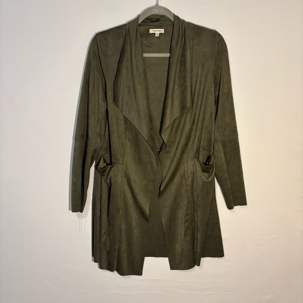 Max Studio Open Front Jacket Size S Olive Green Faux Suede Draped Topper
