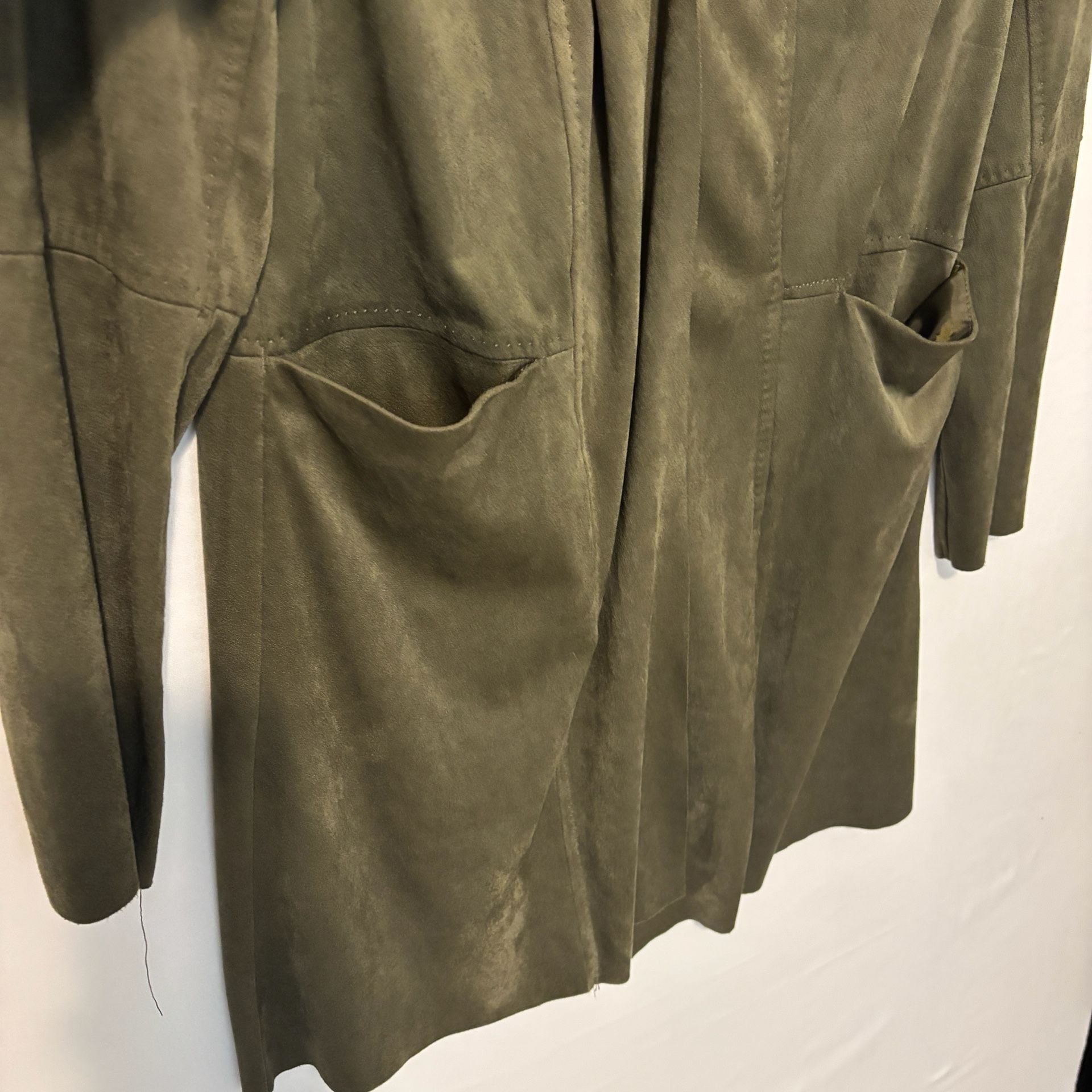 Max Studio Open Front Jacket Size S Olive Green Faux Suede Draped Topper 3