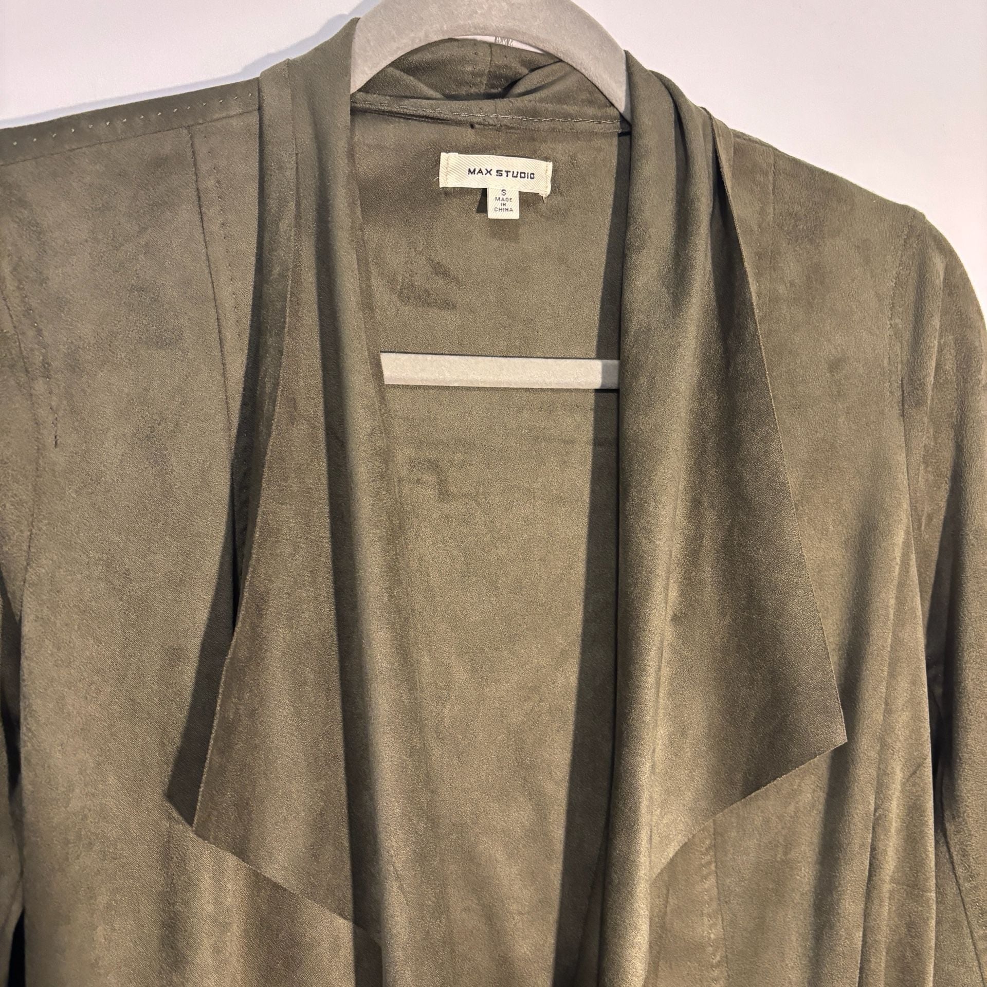 Max Studio Open Front Jacket Size S Olive Green Faux Suede Draped Topper 4