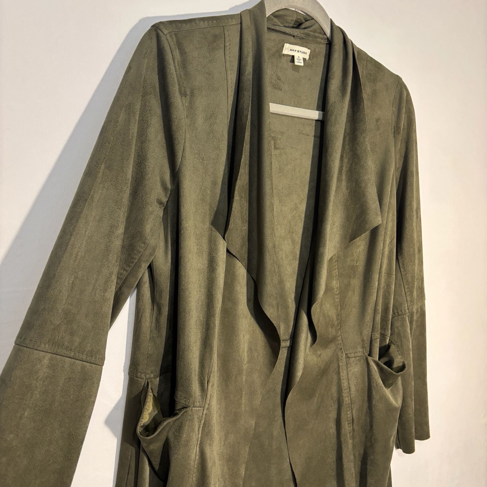 Max Studio Open Front Jacket Size S Olive Green Faux Suede Draped Topper 5