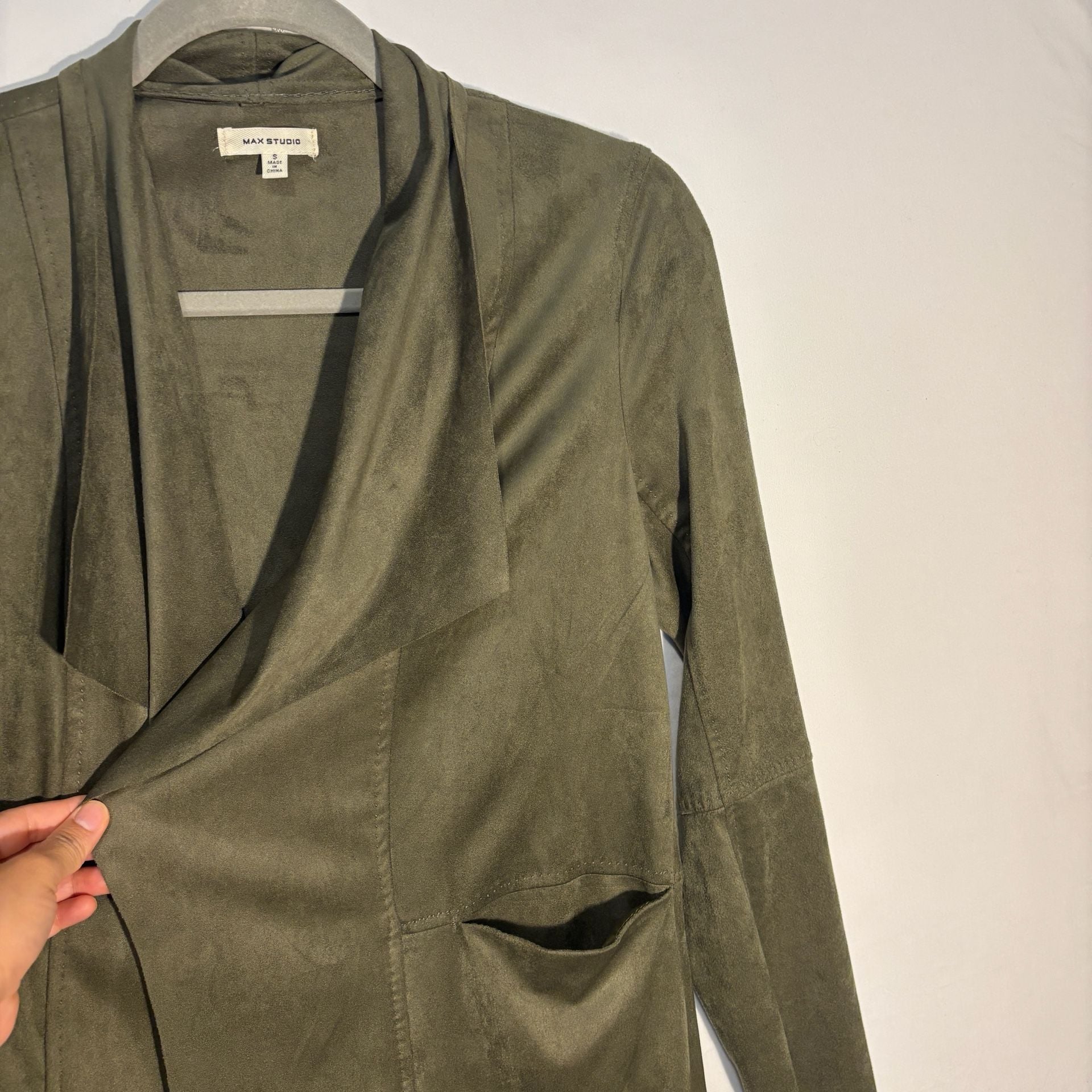 Max Studio Open Front Jacket Size S Olive Green Faux Suede Draped Topper 6