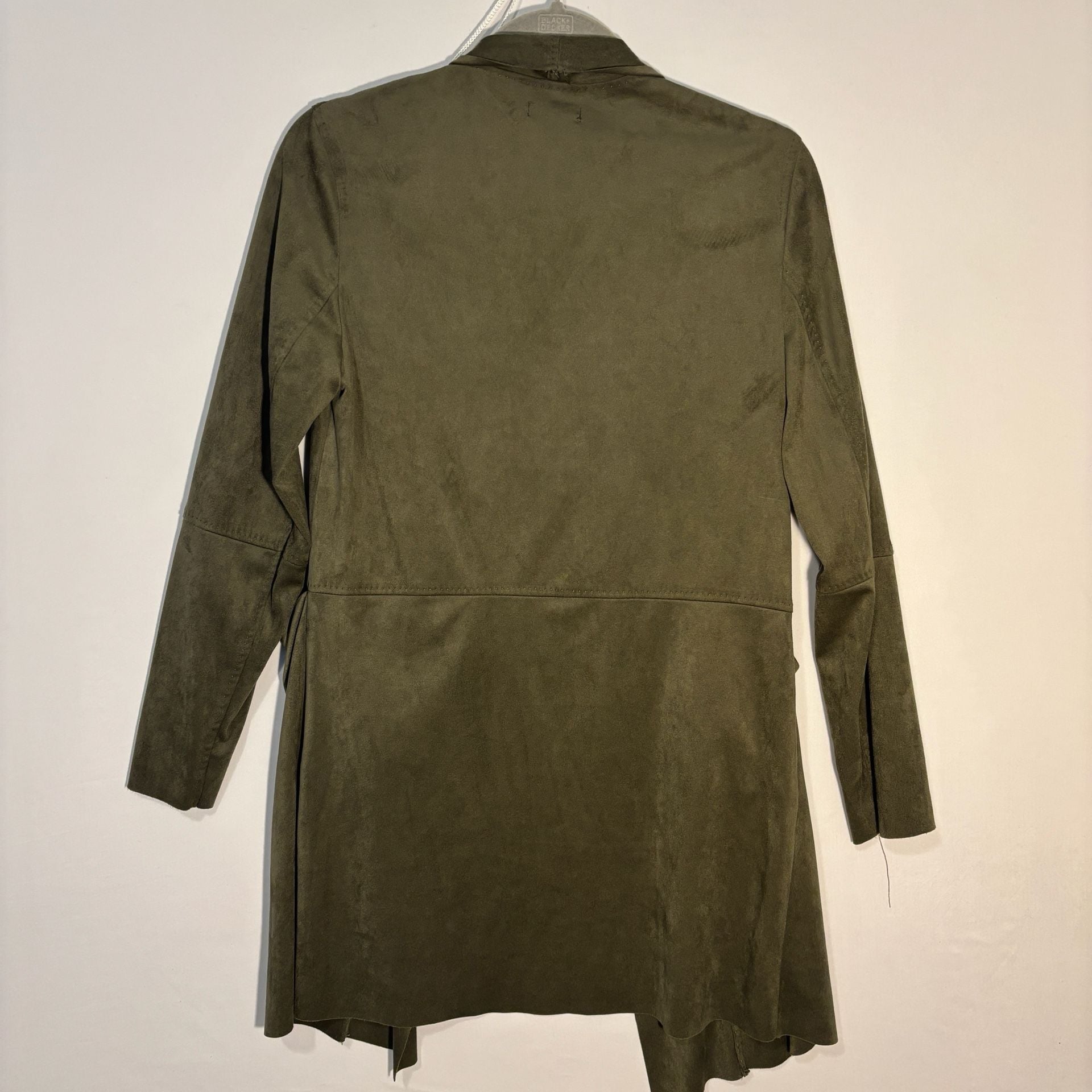 Max Studio Open Front Jacket Size S Olive Green Faux Suede Draped Topper 7