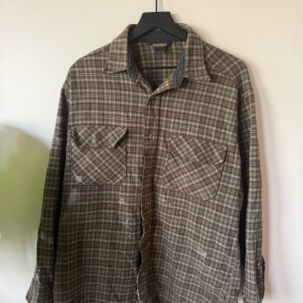 Woolrich Plaid Flannel Shirt Paint Stained Green Brown
