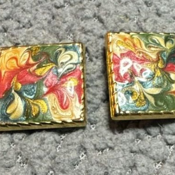 Vintage Square Enamel Clip-On Earrings Goldtone Multi-Color