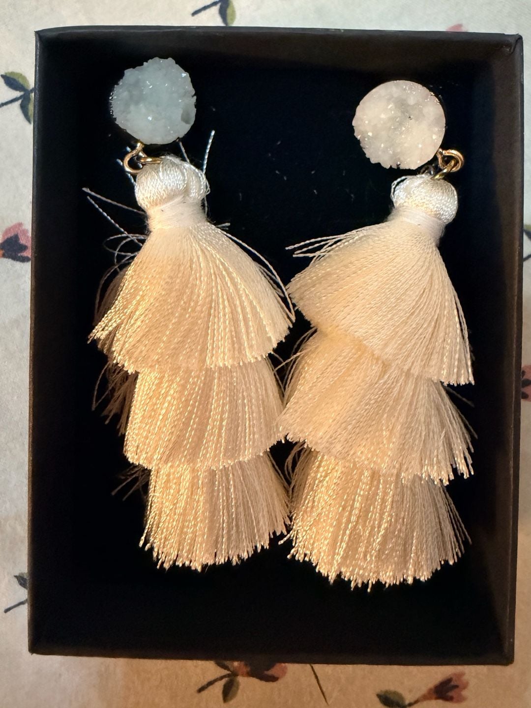 Pave Envy White Druzy Stone And Triple Tier Tassel Drop Earrings 2