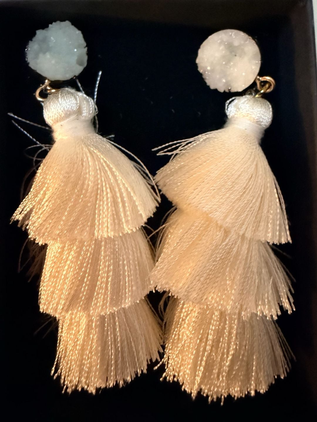 Pave Envy White Druzy Stone And Triple Tier Tassel Drop Earrings 4